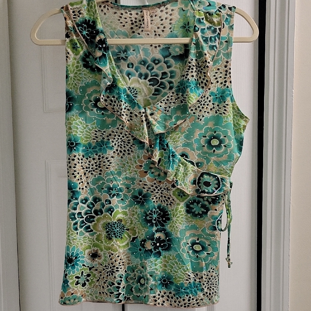 Floral Sleeveless Wrap Top - Green and Blue With Rhinestones Front/Back